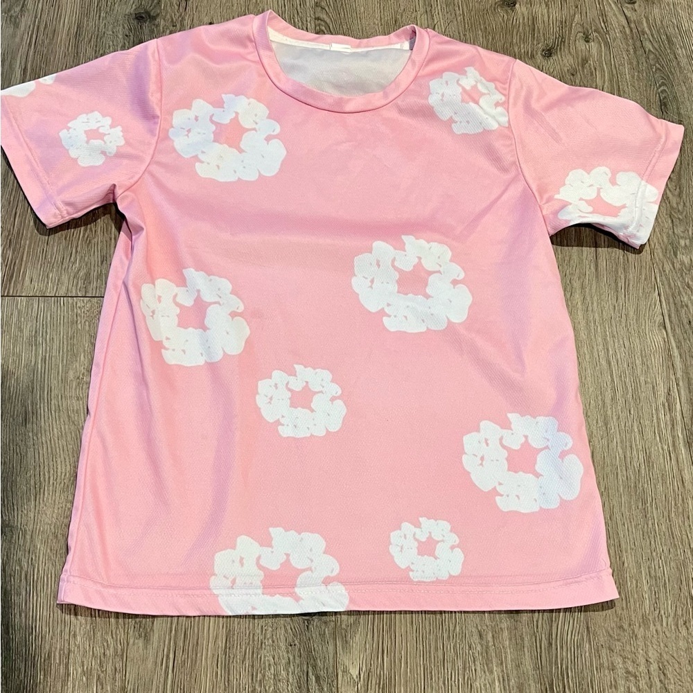 Denim Tears-like Pink Graphic T-Shirt White Floral Print XS EUC not authentic - Picture 1 of 3